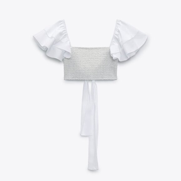ZARA RUFFLE SLEEVE BANDEAU CROP TOP - Picture 3 of 5